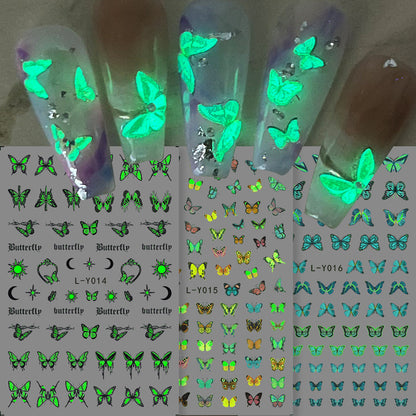 Colorful Blue Butterfly Nail Stickers, Luminous Glow In The Dark Nail Decals Night Polish Sliders For Butterfly Manicure