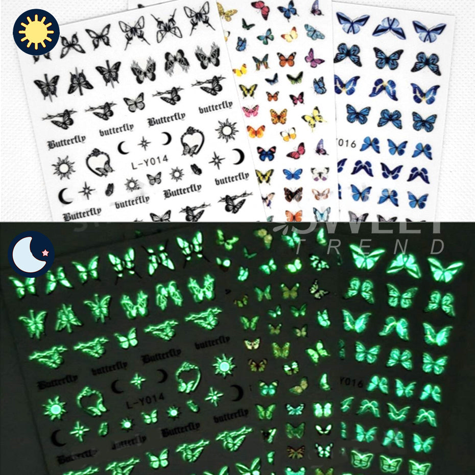 Colorful Blue Butterfly Nail Stickers, Luminous Glow In The Dark Nail Decals Night Polish Sliders For Butterfly Manicure