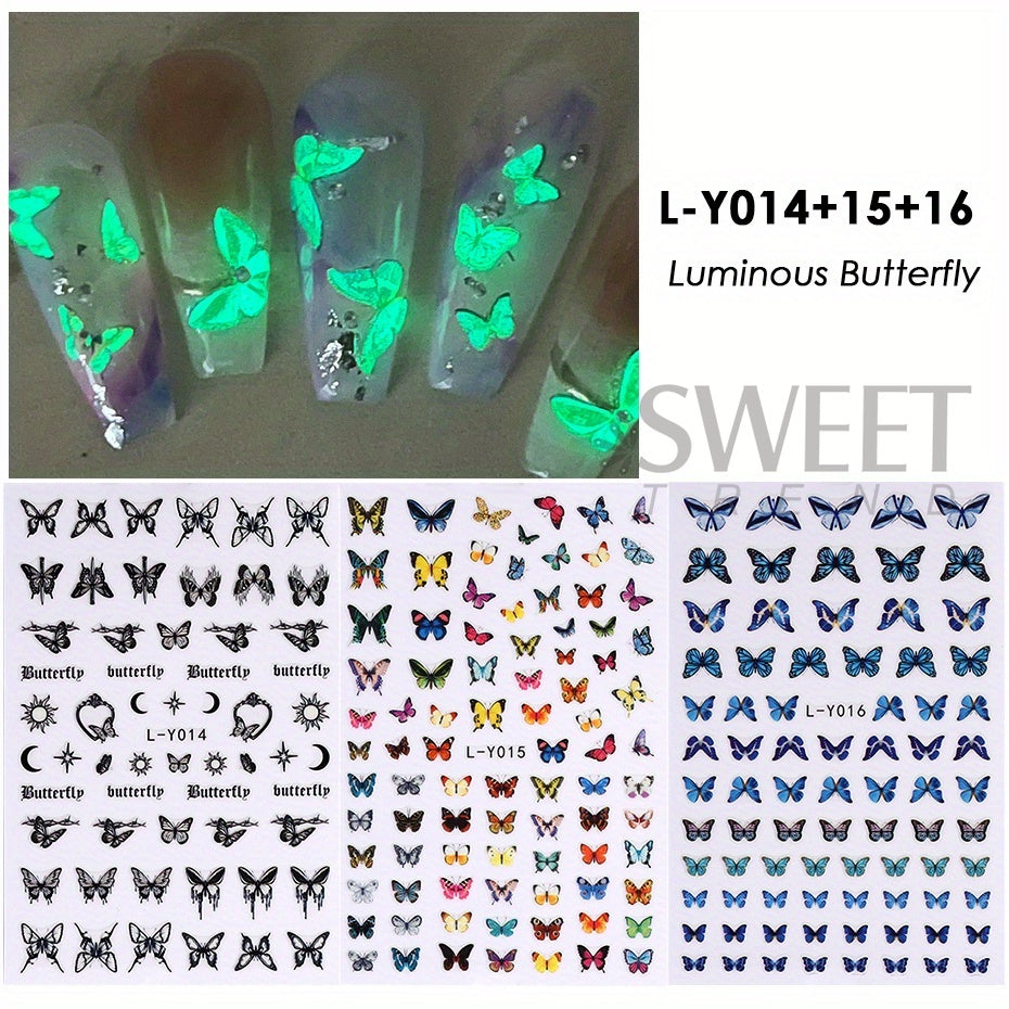 Colorful Blue Butterfly Nail Stickers, Luminous Glow In The Dark Nail Decals Night Polish Sliders For Butterfly Manicure