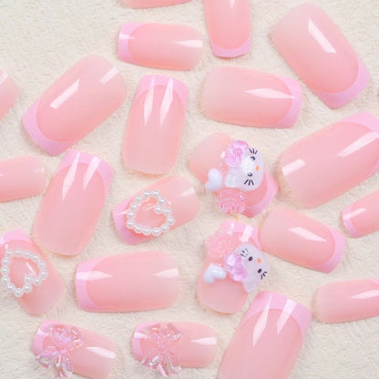 Medium Square Pink French Cartoon Cat Camellia Press-On Nail Set