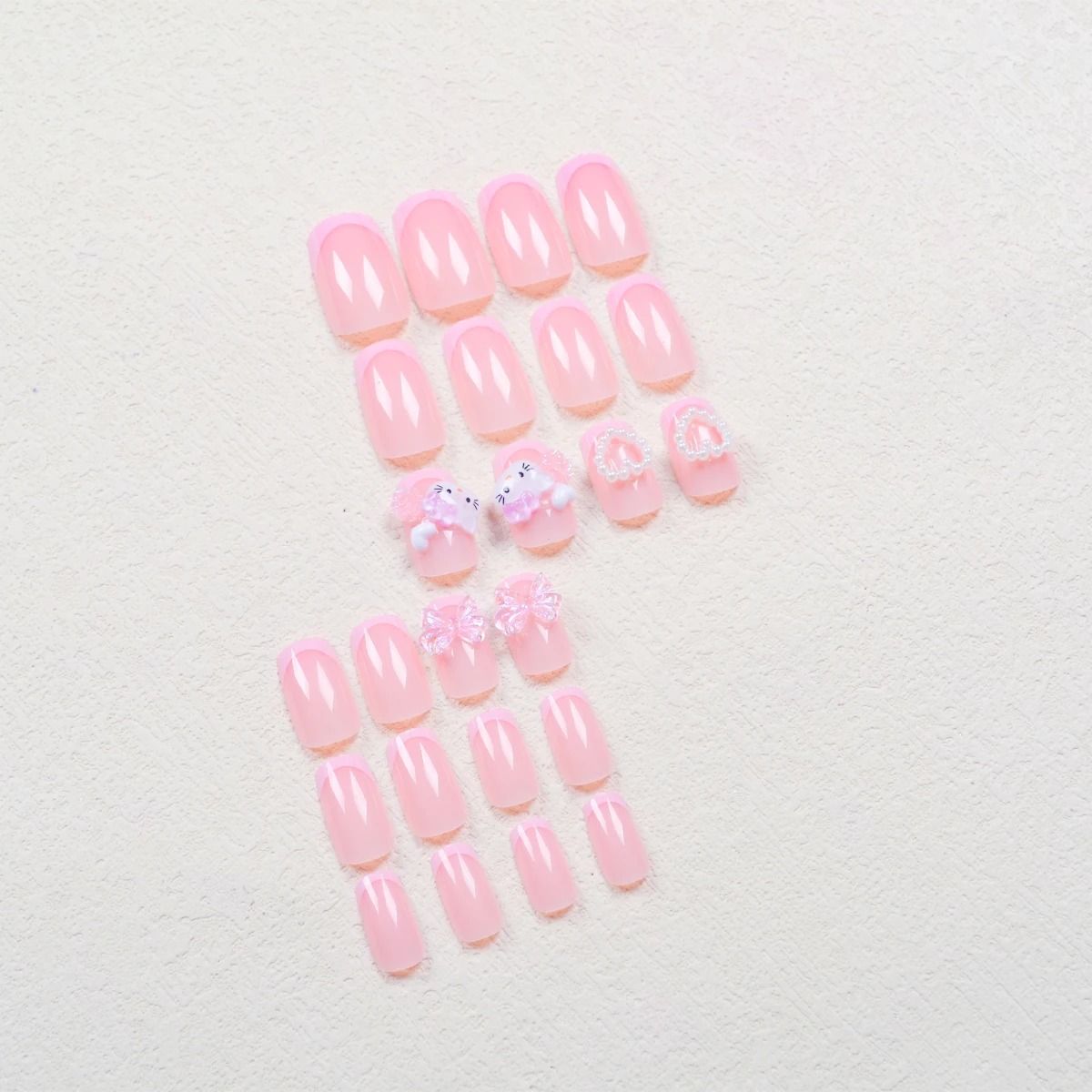 Medium Square Pink French Cartoon Cat Camellia Press-On Nail Set