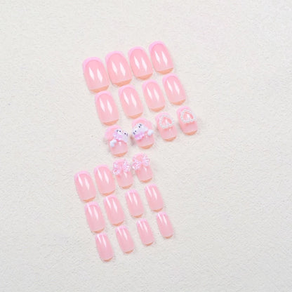 Medium Square Pink French Cartoon Cat Camellia Press-On Nail Set