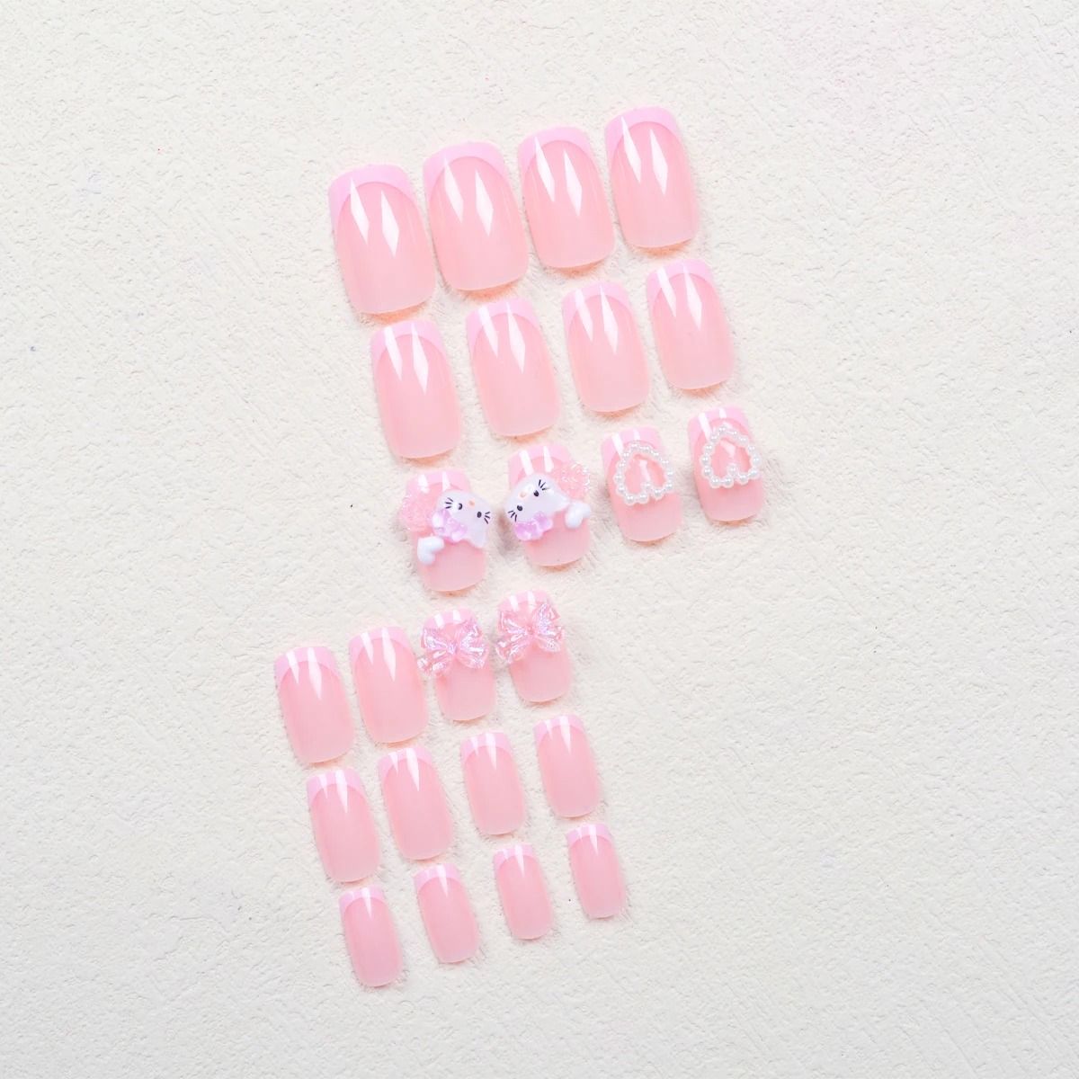 Medium Square Pink French Cartoon Cat Camellia Press-On Nail Set