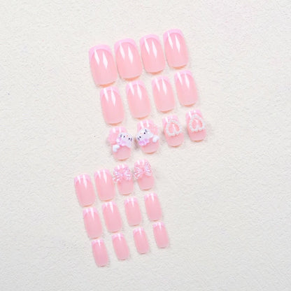 Medium Square Pink French Cartoon Cat Camellia Press-On Nail Set