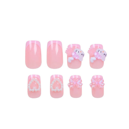 Medium Square Pink French Cartoon Cat Camellia Press-On Nail Set