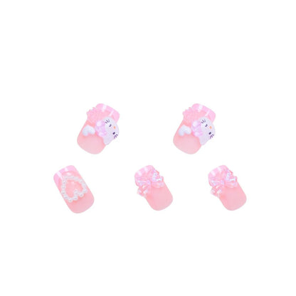 Medium Square Pink French Cartoon Cat Camellia Press-On Nail Set