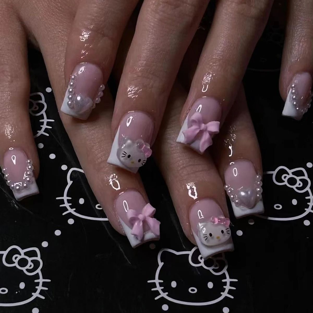 Medium Square Pink French Cartoon Cat Camellia Press-On Nail Set