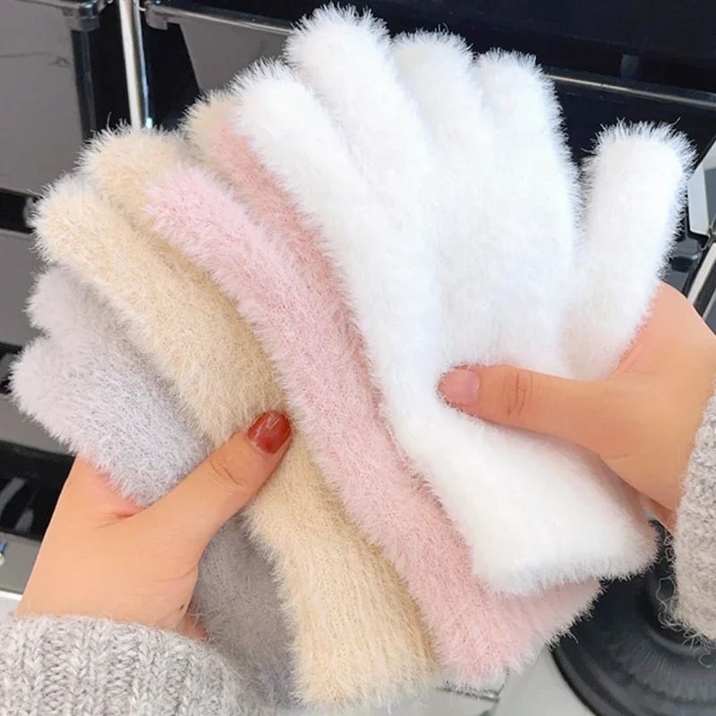 Women Winter Mink Velvet Five Finger Gloves Plush Warm Cold Proof