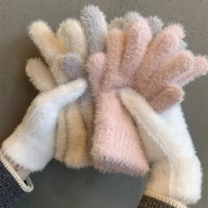 Women Winter Mink Velvet Five Finger Gloves Plush Warm Cold Proof