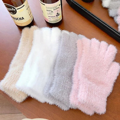 Women Winter Mink Velvet Five Finger Gloves Plush Warm Cold Proof
