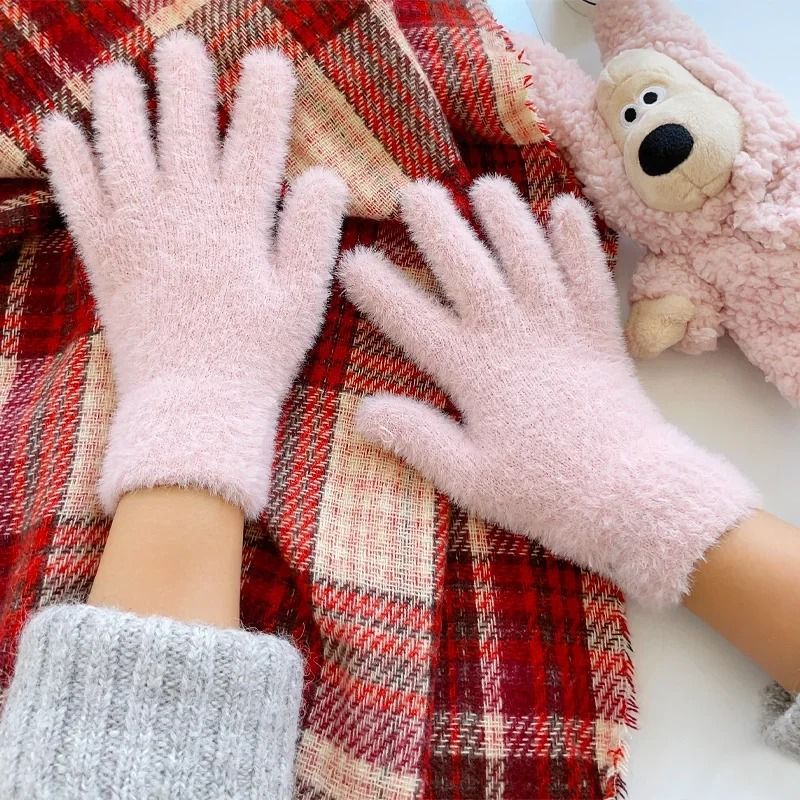 Women Winter Mink Velvet Five Finger Gloves Plush Warm Cold Proof