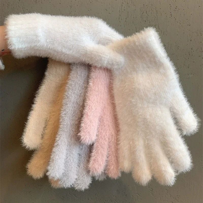 Women Winter Mink Velvet Five Finger Gloves Plush Warm Cold Proof