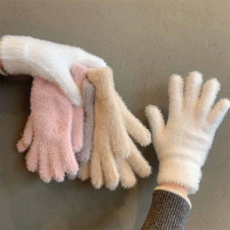 Women Winter Mink Velvet Five Finger Gloves Plush Warm Cold Proof