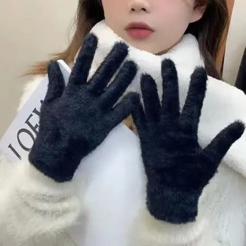 Women Winter Mink Velvet Five Finger Gloves Plush Warm Cold Proof