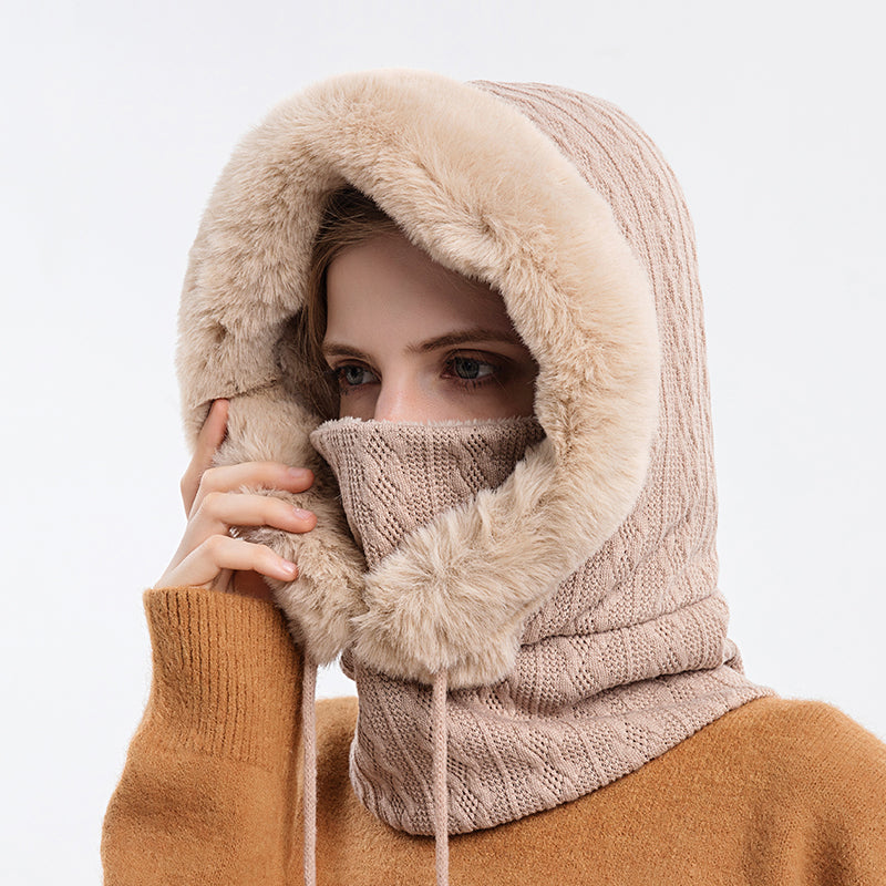 Knitted Cashmere Neck Warm Balaclava Ski Windproof Hat, Winter Fur Cap Mask Set Hooded for Women, Thick Plush Fluffy