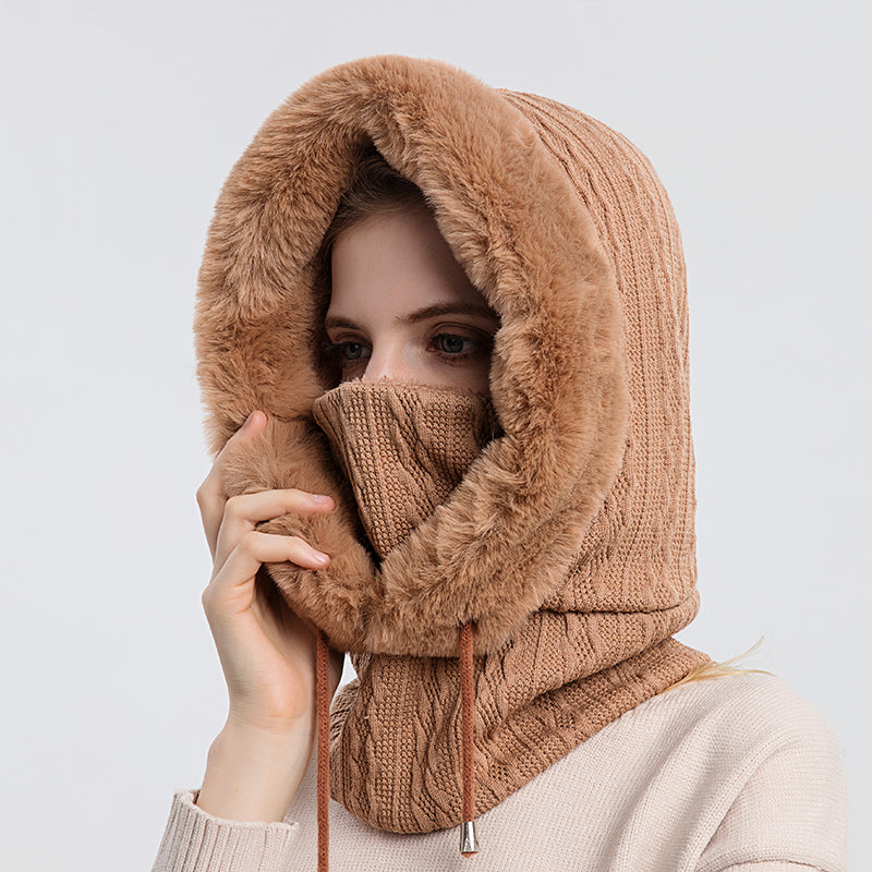 Knitted Cashmere Neck Warm Balaclava Ski Windproof Hat, Winter Fur Cap Mask Set Hooded for Women, Thick Plush Fluffy