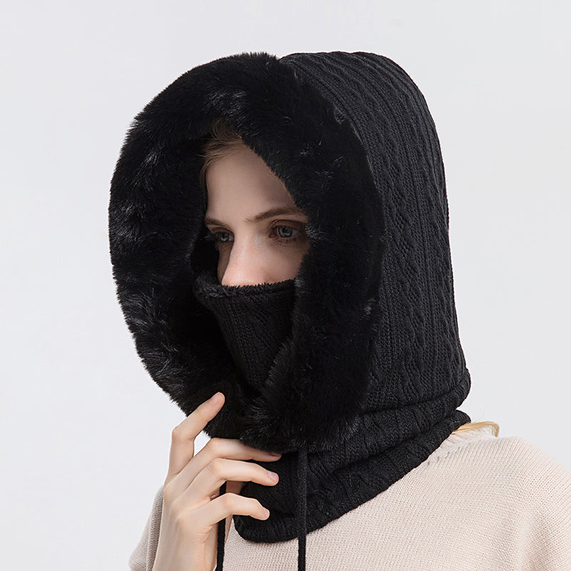 Knitted Cashmere Neck Warm Balaclava Ski Windproof Hat, Winter Fur Cap Mask Set Hooded for Women, Thick Plush Fluffy