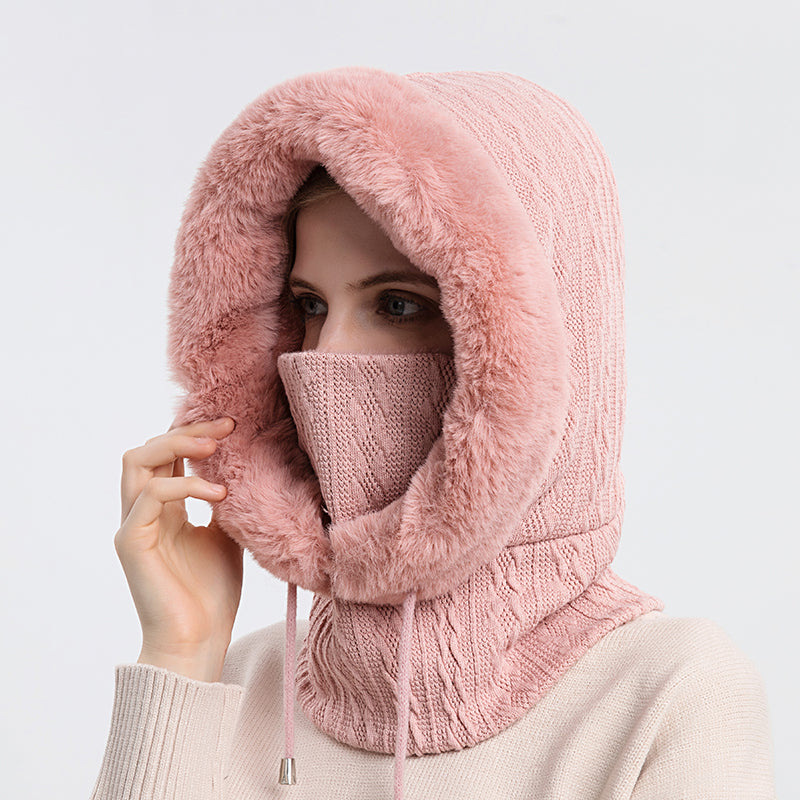 Knitted Cashmere Neck Warm Balaclava Ski Windproof Hat, Winter Fur Cap Mask Set Hooded for Women, Thick Plush Fluffy