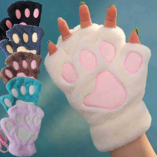 Plush Cat Paw Fingerless Gloves for Women