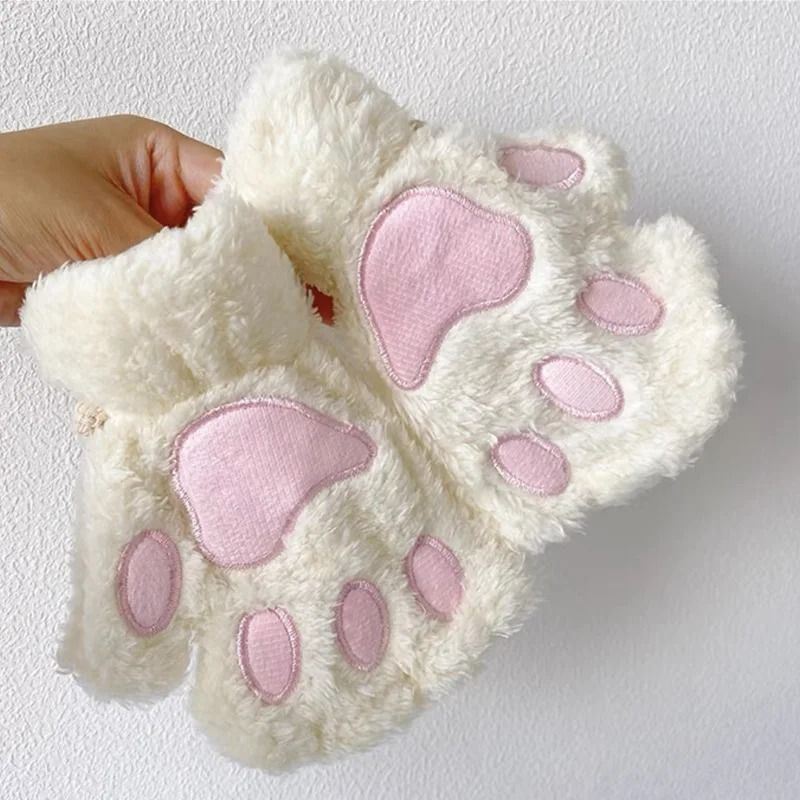 Plush Cat Paw Fingerless Gloves for Women