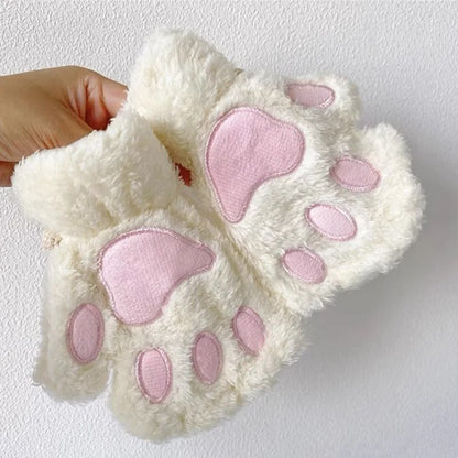 Plush Cat Paw Fingerless Gloves for Women