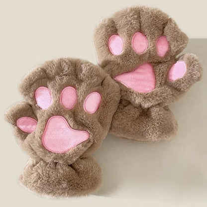 Plush Cat Paw Fingerless Gloves for Women