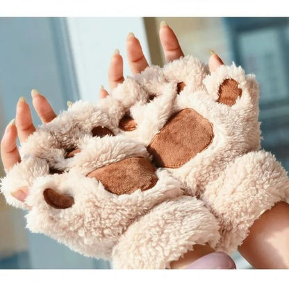 Plush Cat Paw Fingerless Gloves for Women