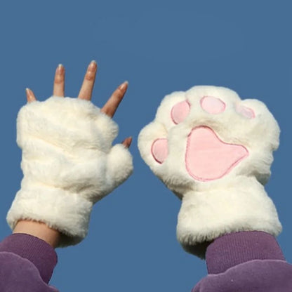 Plush Cat Paw Fingerless Gloves for Women