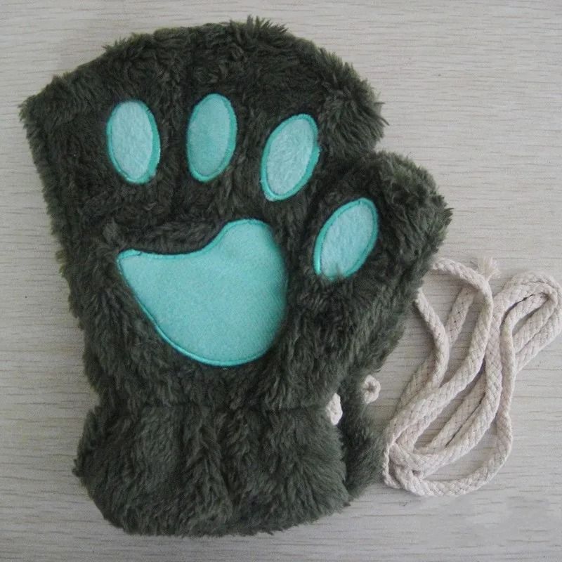 Plush Cat Paw Fingerless Gloves for Women