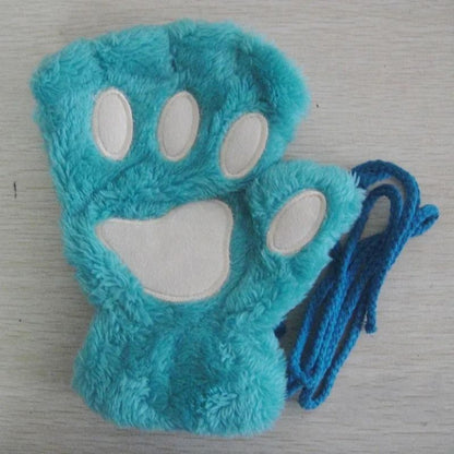 Plush Cat Paw Fingerless Gloves for Women