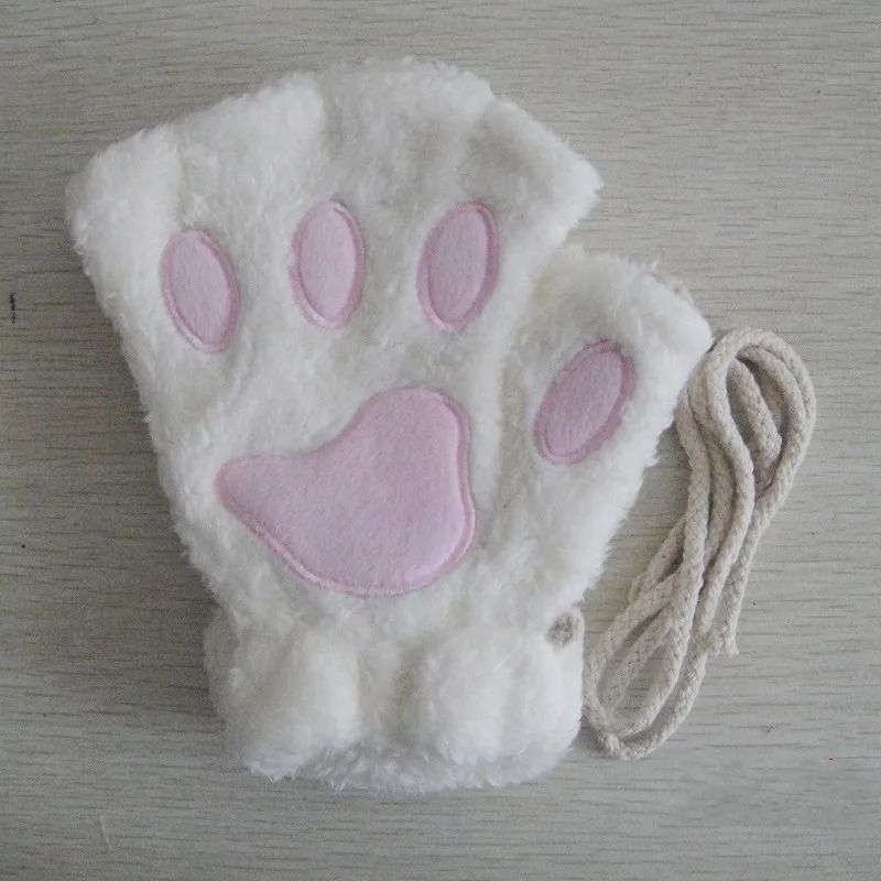 Plush Cat Paw Fingerless Gloves for Women