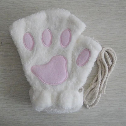 Plush Cat Paw Fingerless Gloves for Women