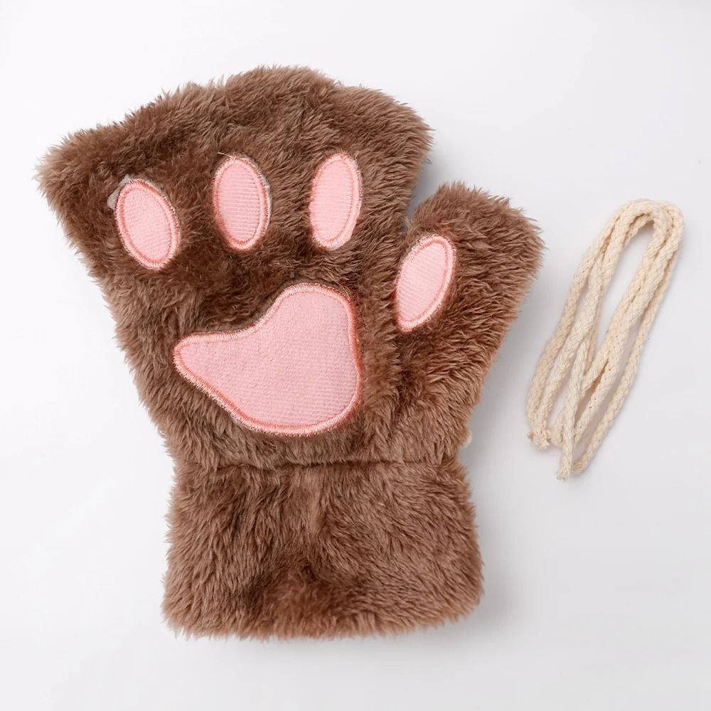 Plush Cat Paw Fingerless Gloves for Women