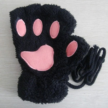 Plush Cat Paw Fingerless Gloves for Women