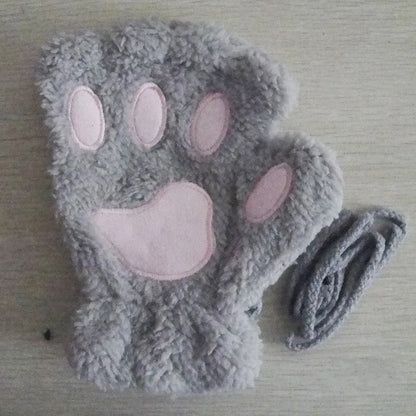 Plush Cat Paw Fingerless Gloves for Women