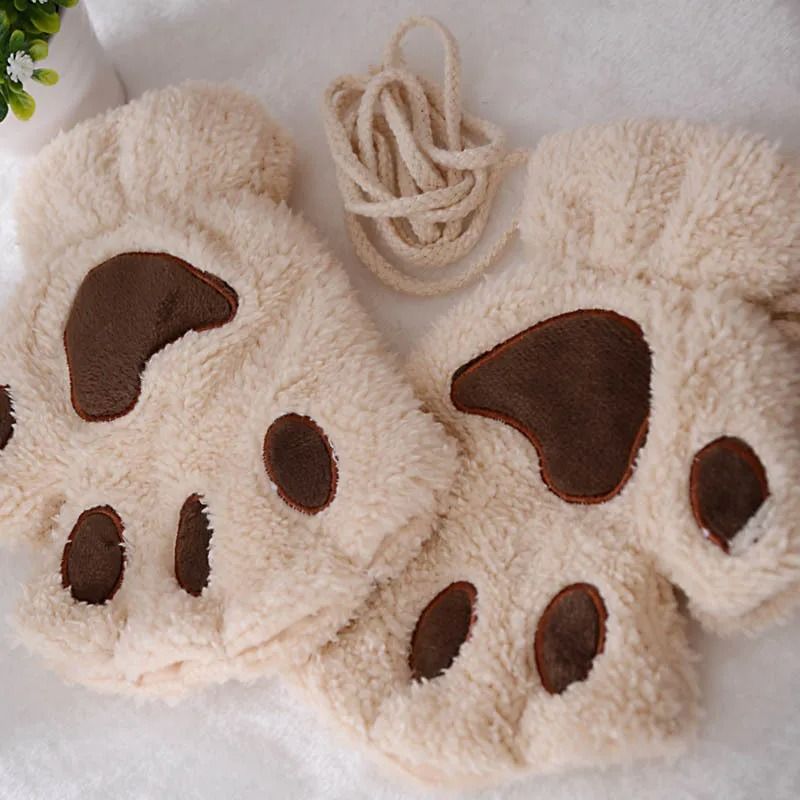Plush Cat Paw Fingerless Gloves for Women