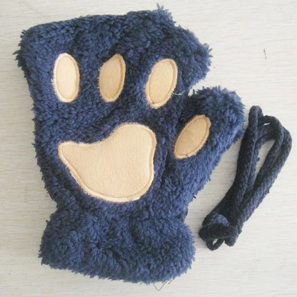 Plush Cat Paw Fingerless Gloves for Women