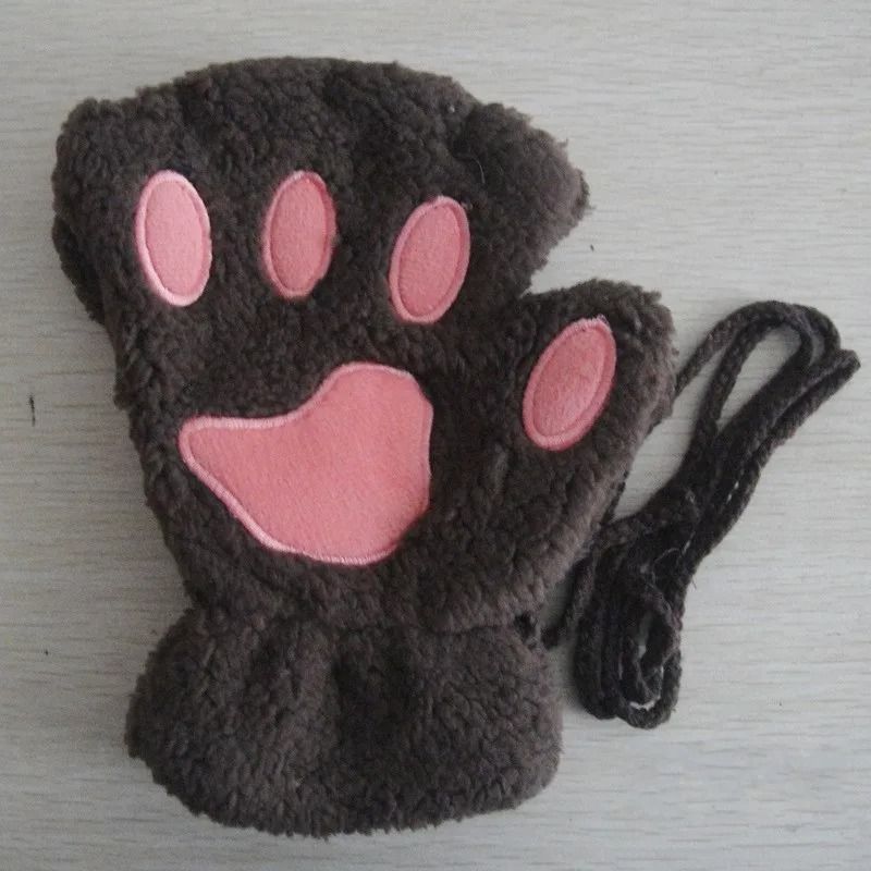 Plush Cat Paw Fingerless Gloves for Women