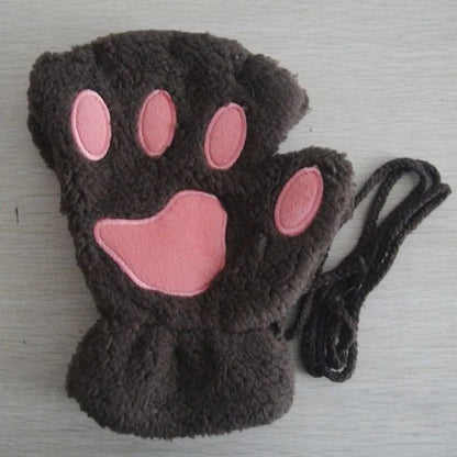 Plush Cat Paw Fingerless Gloves for Women