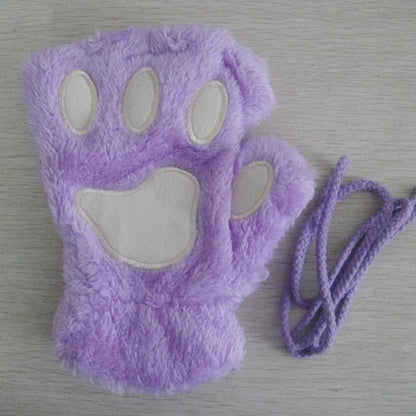 Plush Cat Paw Fingerless Gloves for Women