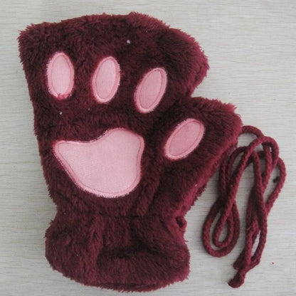 Plush Cat Paw Fingerless Gloves for Women