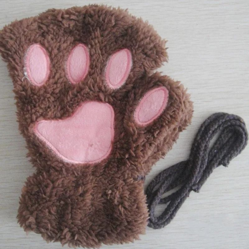 Plush Cat Paw Fingerless Gloves for Women