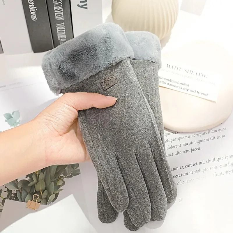 Women Winter Thick Plush Suede Gloves with Touchscreen Function and Warm Lining