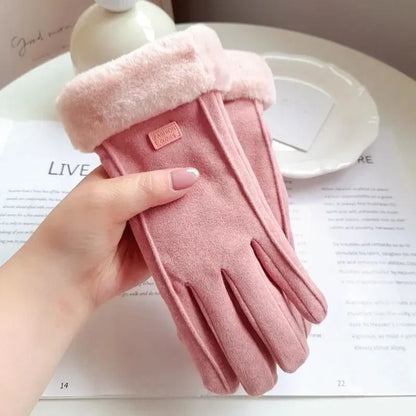 Women Winter Thick Plush Suede Gloves with Touchscreen Function and Warm Lining
