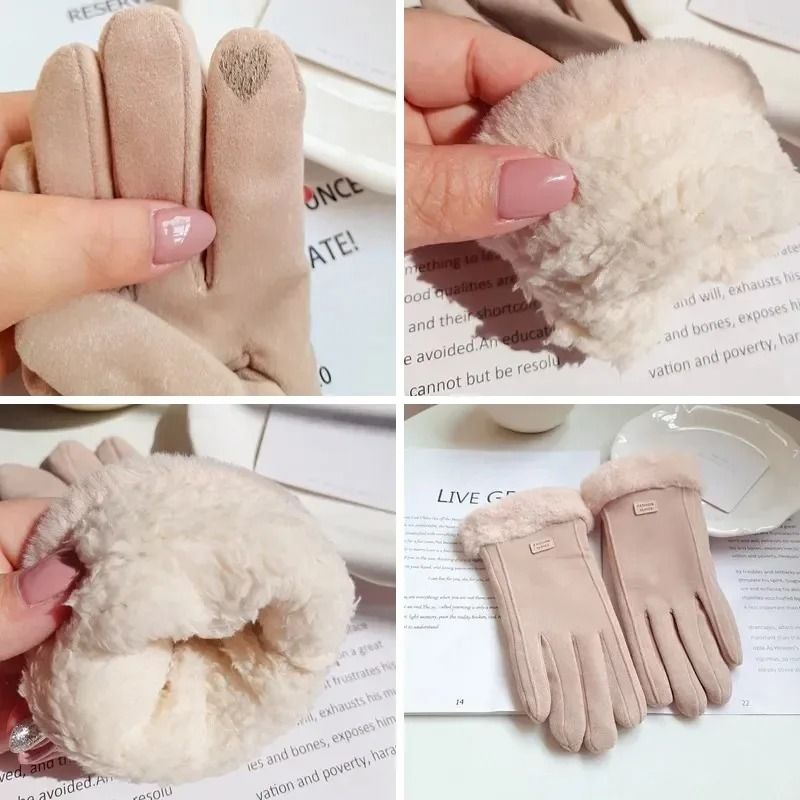 Women Winter Thick Plush Suede Gloves with Touchscreen Function and Warm Lining
