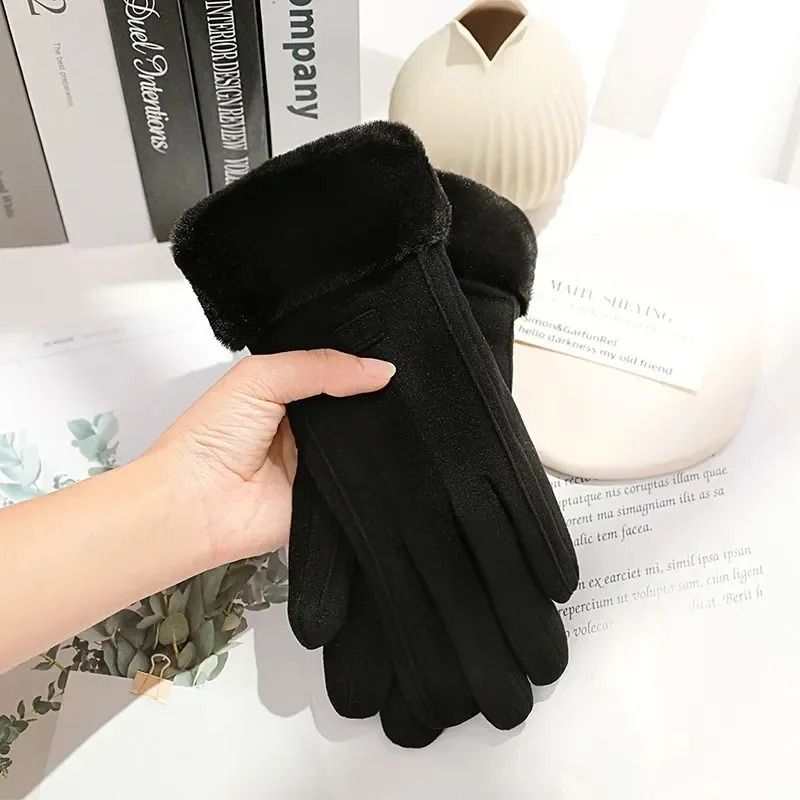 Women Winter Thick Plush Suede Gloves with Touchscreen Function and Warm Lining