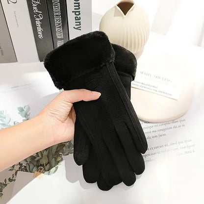 Women Winter Thick Plush Suede Gloves with Touchscreen Function and Warm Lining