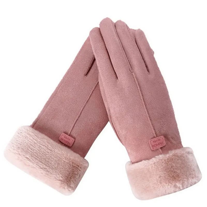 Women Winter Furry Warm Full Finger Mittens with Soft Lining and Outdoor Touchscreen Design
