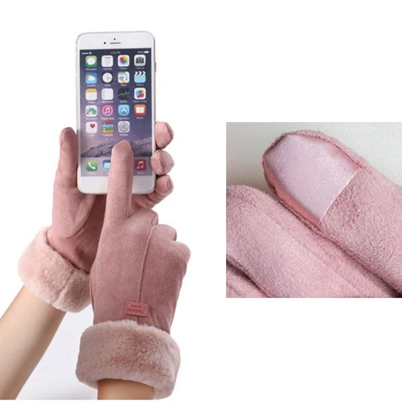 Women Winter Furry Warm Full Finger Mittens with Soft Lining and Outdoor Touchscreen Design