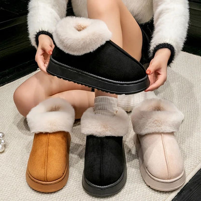 Womens Plush Snow Boots and Mens Winter Indoor Slippers with Faux Fur Lining